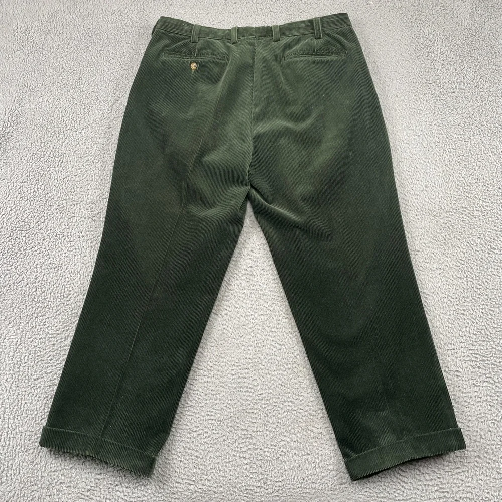 Orvis Corduroy Pants Mens 40 Green Pleated Front Leather Trim Cuffed Trousers